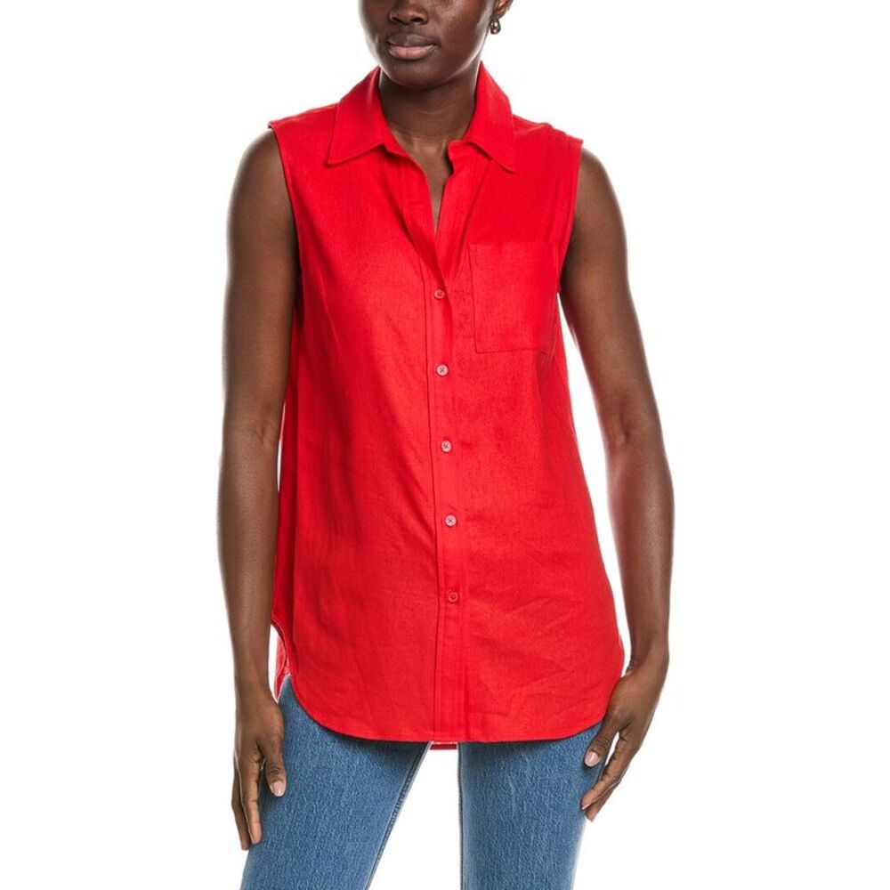 Jones New York Womens  Sleeve Knot Linen-Blend Shirt, Red